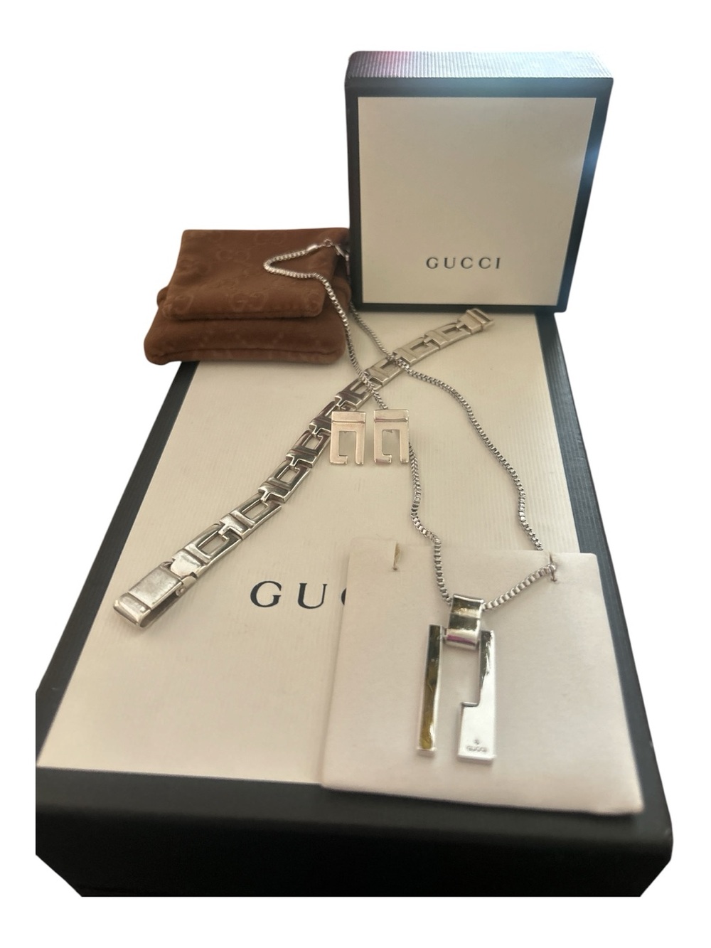 🥳Gucci Silver Double-Bar Pendant Necklace Set - Picture 8 of 8